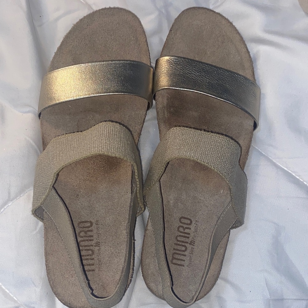 Munro Metallic Taupe and Suede Strap Slide Sandals
